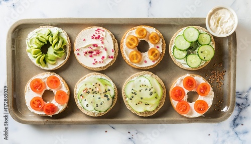 Wallpaper Mural Tray of mini bagels decorated with cream cheese, avocado, tomato and cucumber for healthy breakfast or snack Torontodigital.ca