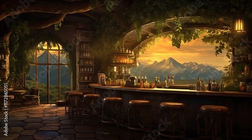Obraz na płótnie An illustration of a bar with a mountain view w salonie