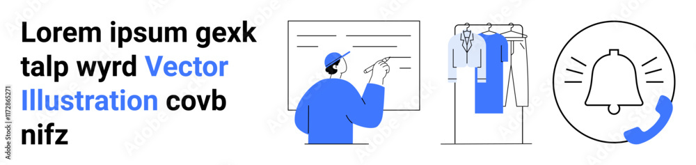Person pointing at a whiteboard, clothes on a rack, notification bell with a phone icon, and placeholder text. Ideal for business presentations, e-commerce, notifications, communication Person pointing at a whiteboard, clothes on a rack, notification bell with a phone icon, and placeholder text. Ideal for business presentations, e-commerce, notifications, communication