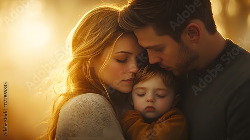 A heartwarming family portrait captured during the golden hour, showcasing a loving embrace between parents and their sleeping child. A beautiful moment of family unity. family caring for a child  photo