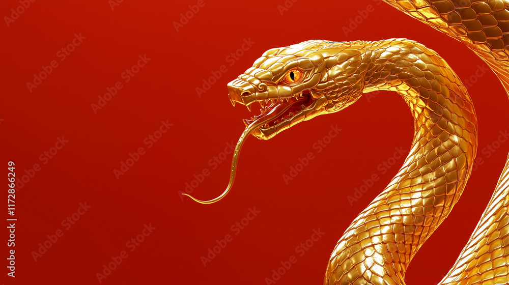 Obraz premium Golden Snake with Open Mouth and Forked Tongue in the right on a Red Background