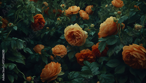 Fototapeta Naklejka Na Ścianę i Meble -  Lush orange roses bloom amidst dark green foliage, creating a moody and romantic floral scene.  Perfect for nature, beauty, and botanical themes.