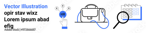 Hand pointing at HR icons, briefcase with cable, calendar with days marked, magnifying glass over calendar. Ideal for HR, employee onboarding, productivity, scheduling, business tools, work planning