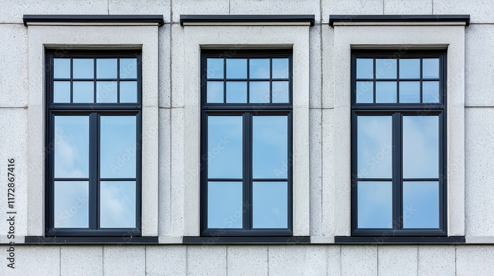 Three Modern Windows on a Classic Stone Building Exterior Three Modern Windows on a Classic Stone Building Exterior