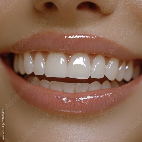 Bright smile with perfect, glossy lips and white teeth close-up photo