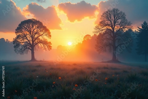 Gentle morning light from a yellow sunrise fades into blue dawn, peaceful, gentle
