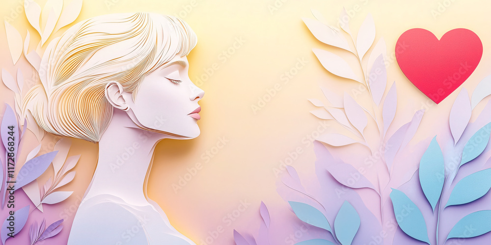Paper cut out, Valentine's Day, love theme, side profile of a beautiful Caucasian woman with short blonde hair in soft pastel shades of lavender, yellow, and peach, accented with a red love heart Paper cut out, Valentine's Day, love theme, side profile of a beautiful Caucasian woman with short blonde hair in soft pastel shades of lavender, yellow, and peach, accented with a red love heart