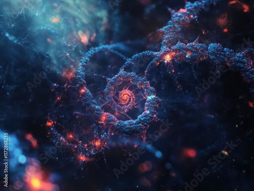 Abstract DNA spirals connected by neural networks, symbolizing biotech efficiency and growth in datadriven research photo