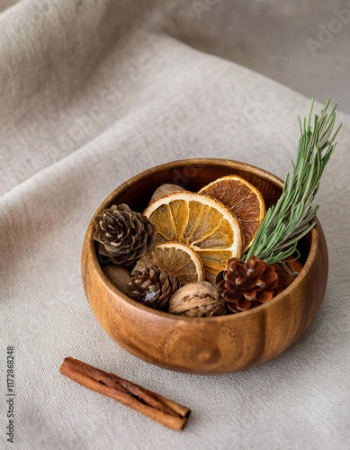 Wallpaper Mural Wooden bowl showing dried orange slices, pine cones, nuts, and rosemary on linen cloth Torontodigital.ca