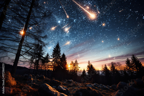 During this cosmic event, meteor shower showcases breathtaking beauty of sparkling stars, meteor trails, and profound connection between earth and space photo