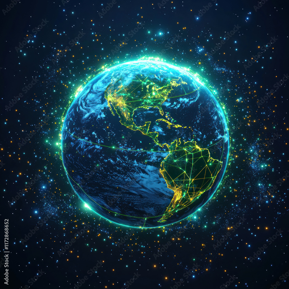 Fototapeta premium Connected Earth in space with glowing network and starry background. Data visualization