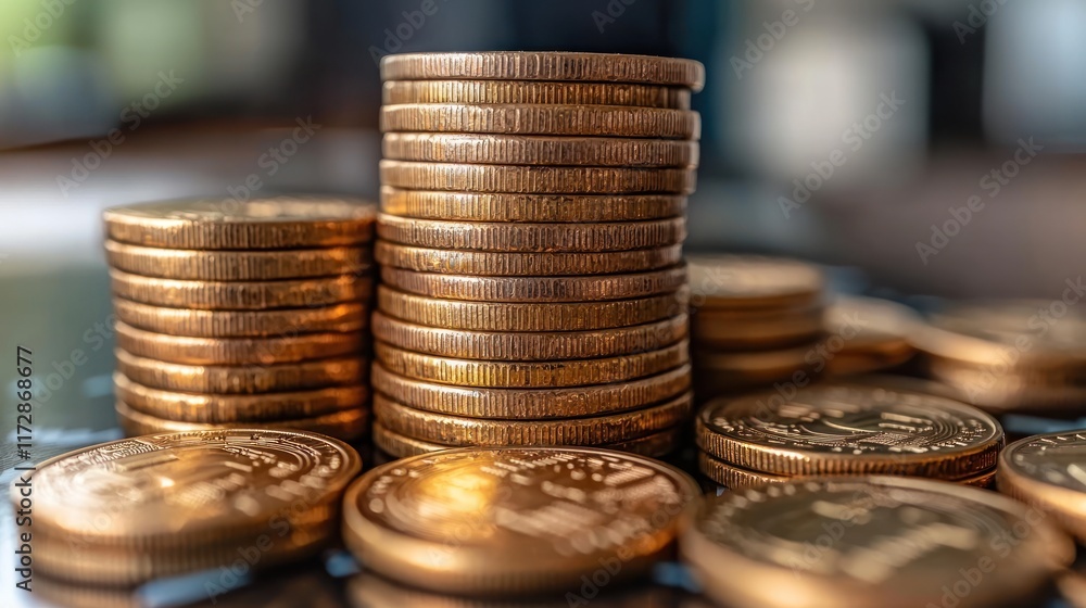 Stacked coins representing savings and finance. Stacked coins representing savings and finance.