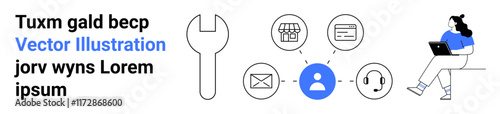 Wrench, person, email, storefront, headset, and certificate icons, seated technician with laptop. Ideal for customer service, remote support, technical assistance, online business, e-commerce