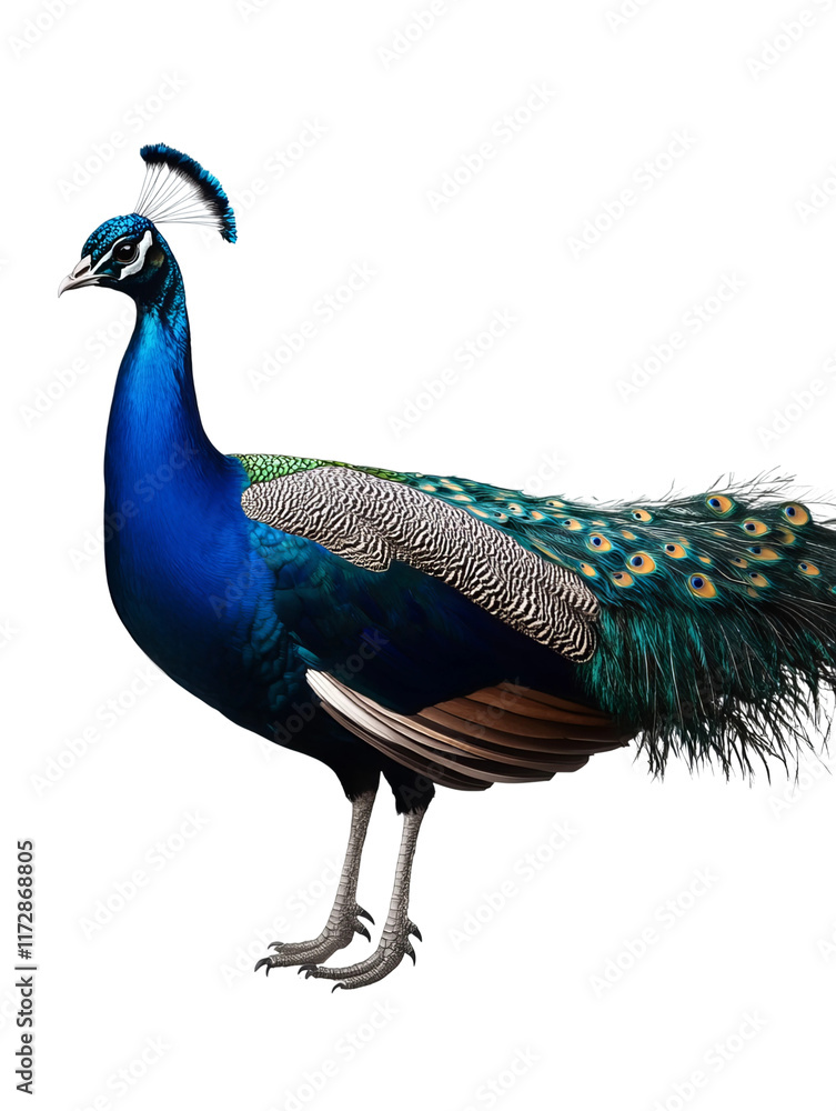 Fototapeta premium Majestic Peacock: A solitary peacock exhibits its striking iridescence plumage in full view, with details of a vibrant display in a classic portrait style.