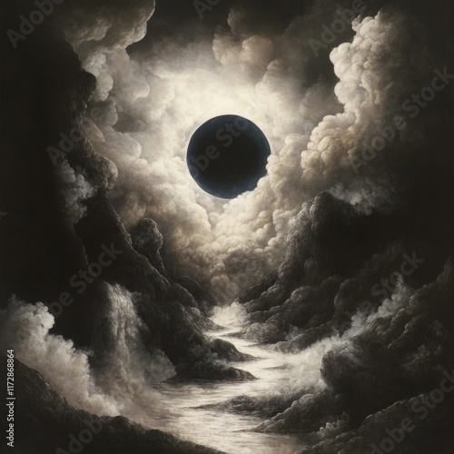 Mysterious eclipse over dark cloudy mountain landscape photo