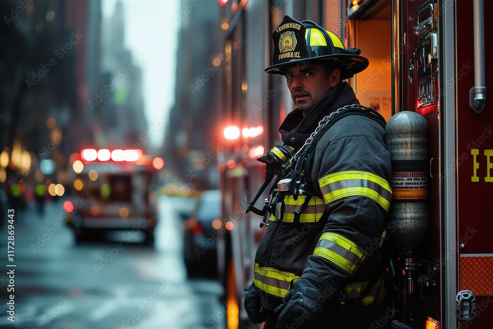 Obraz premium Firefighter in full gear standing next to a fire truck, ready for action. Generative AI