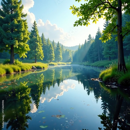 Water plants and trees reflected in the calm forest lake, reflections, trees photo