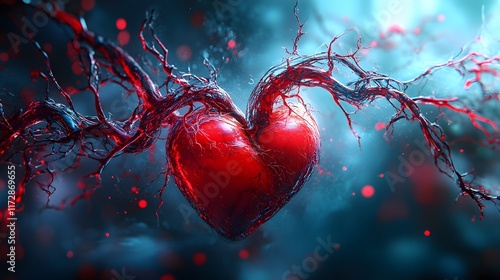 A digital painting of a vibrant red heart intertwined with dark, vine-like structures, creating a captivating contrast of life and mystery. heart and blood vessels under stress, abstract
