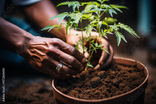 Emphasizes nurturing and protective characteristics of a soil pot, symbolizing vital role of human care in meeting a plant's needs for its overall health photo