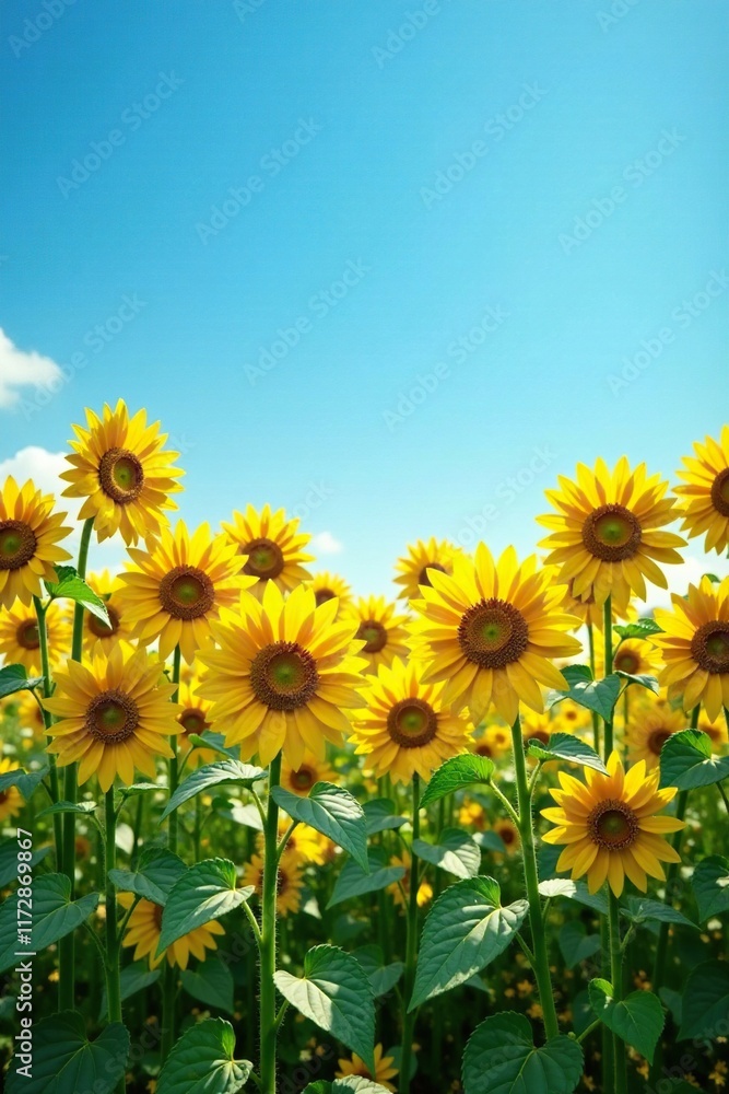 Fototapeta premium Field of tall golden sunflowers against a clear blue sky, sky, vegetation