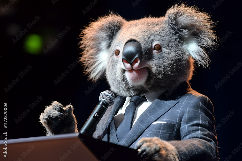 Fototapeta premium Professional Koala Giving a Public Speech. Antropomophic Animal Leader Speaking on Public.