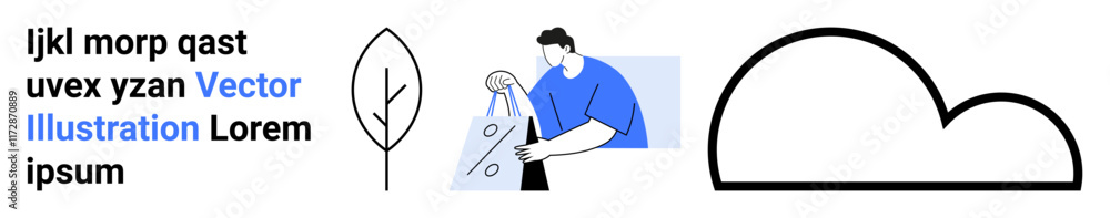 Man in blue shirt planting a tree beside text, minimalist tree drawing, and cloud outline. Ideal for environmental awareness, conservation efforts, climate change communication, sustainability Man in blue shirt planting a tree beside text, minimalist tree drawing, and cloud outline. Ideal for environmental awareness, conservation efforts, climate change communication, sustainability