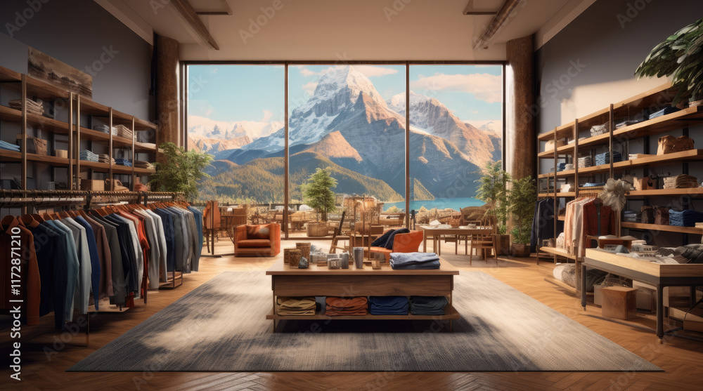 An illustration of a clothes store with a view of mountains and a lake