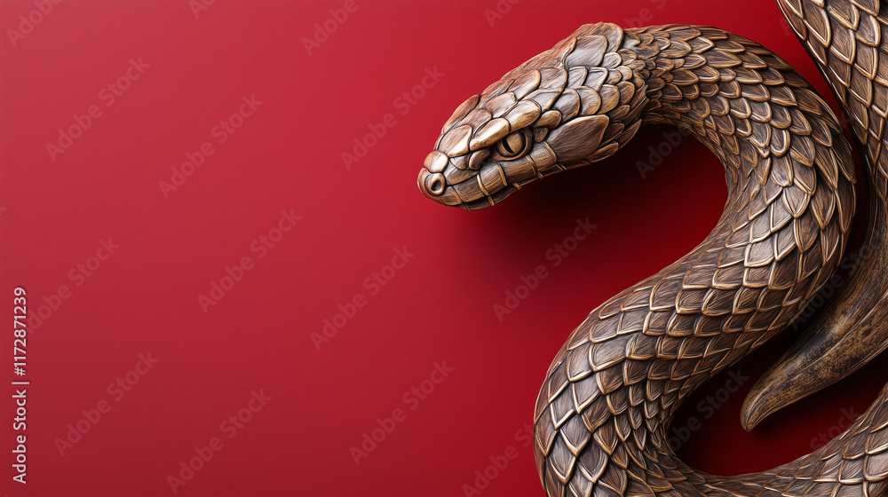 Fototapeta premium Bronze Snake Sculpture on a Red Background. Chinese New Year. Lunar New Year. Wood SnakeNew Year. Lunar New Year. Wood Snakce