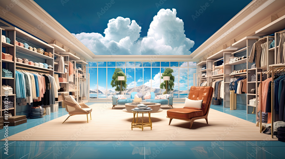 An illustration of a clothes store with a view of mountains and thick clouds