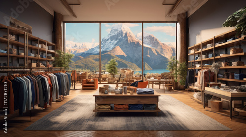 Obraz na płótnie An illustration of a clothes store with a view of mountains and a lake w salonie