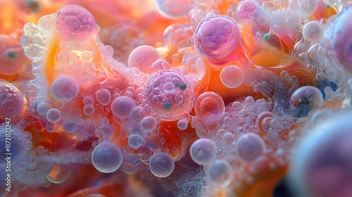 Close-up of vibrant, iridescent bubbles, creating an abstract, surreal landscape. the pancreas and insulin production, abstract photo