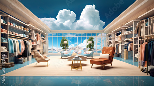 Obraz na płótnie An illustration of a clothes store with a view of mountains and thick clouds w salonie