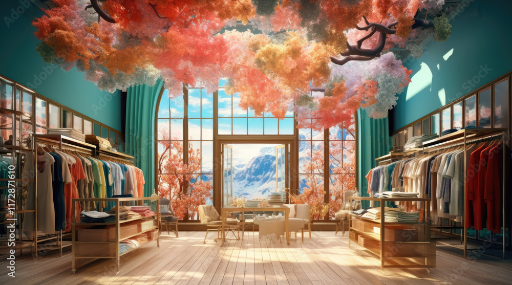 An illustration of a clothes store with a mountain view