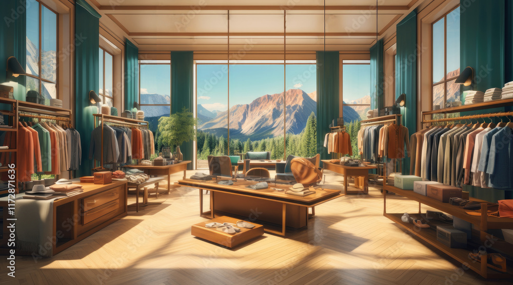 An illustration of a clothes store with a mountain view