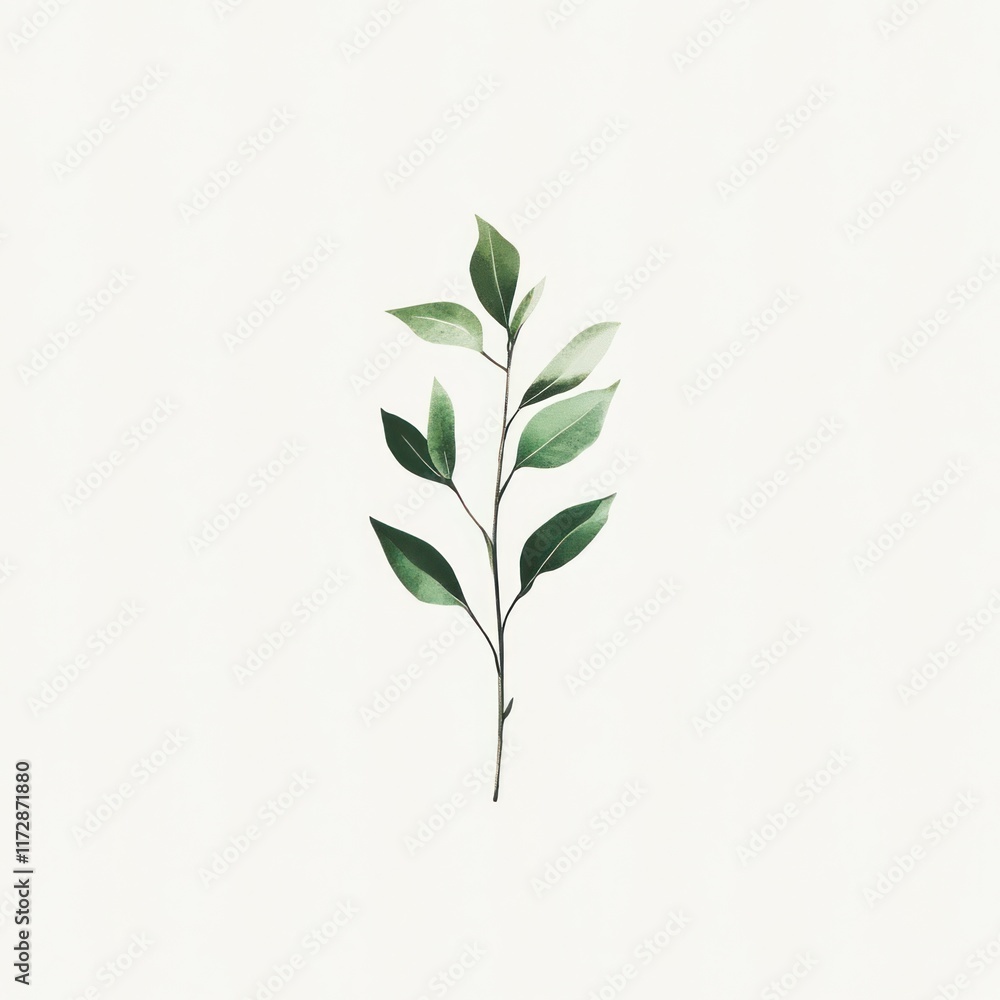 Obraz premium Single Green Stem With Delicate Leaves Against White Background