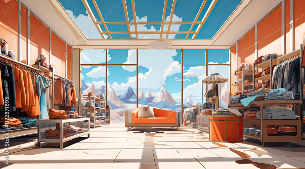 An illustration of a clothes store with a mountain view