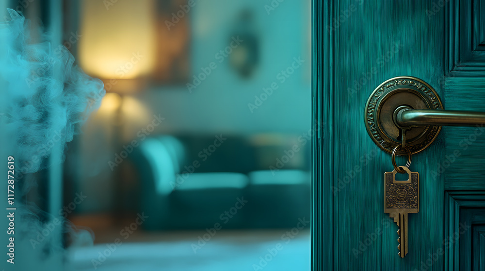 A brass key in a lock on a turquoise wooden door with a blurred cozy living room in the background. Perfect for themes of security, A brass key in a lock on a turquoise wooden door with a blurred cozy living room in the background. Perfect for themes of security,