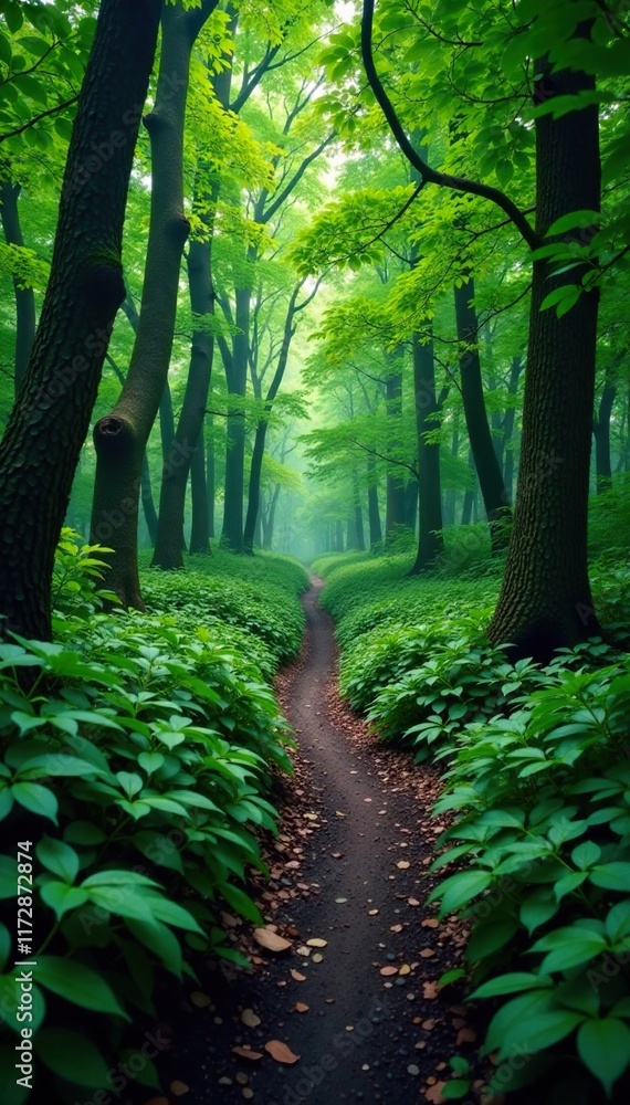 Fototapeta premium Dense foliage surrounds a narrow, winding path, woods, isolated, mysterious