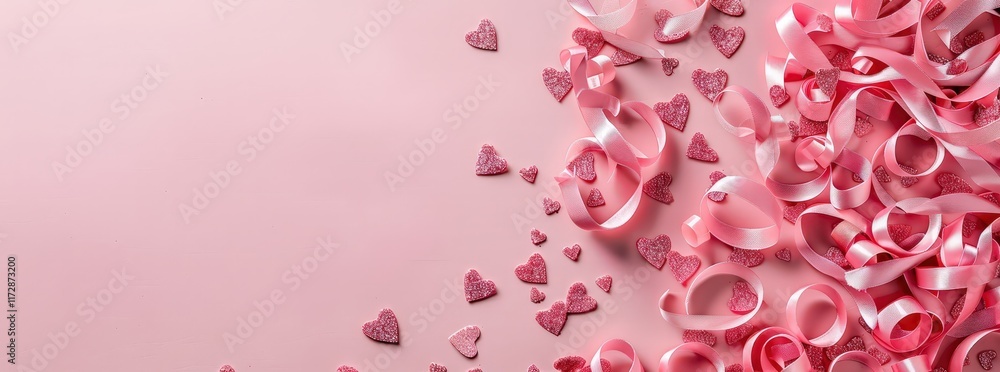 Celebrating love with pink ribbons and heart decorations for a romantic occasion Celebrating love with pink ribbons and heart decorations for a romantic occasion
