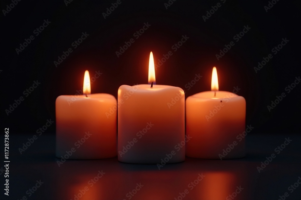 Soft warm glow of three burning candles on a dark background, fire, ambiance