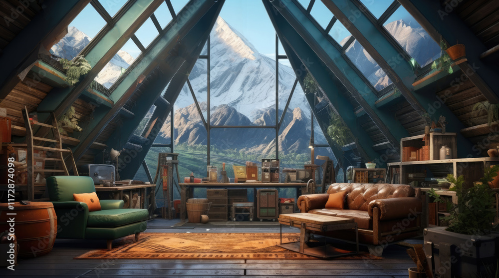 An illustration of a house room with a mountain view