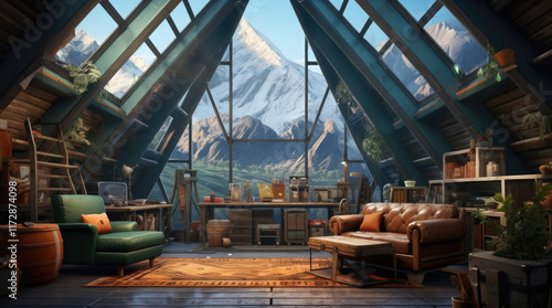 Obraz na płótnie An illustration of a house room with a mountain view w salonie