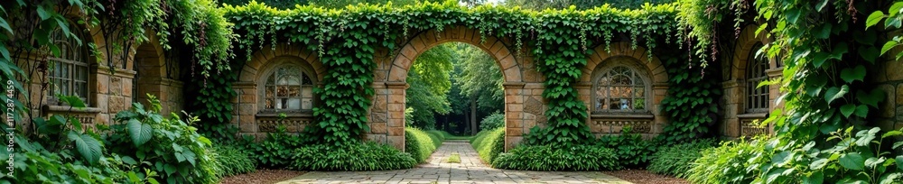 Fototapeta premium overgrown vines and climbing plants on ancient stone walls, plants, greenery, arbor