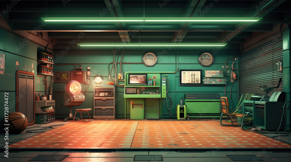 An illustration of a modern garage with neon lights