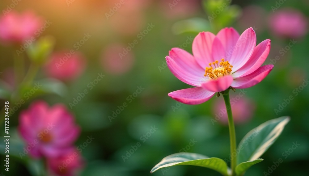 Obraz premium delicate petal pink flower blooms on green stem with leaves in garden, flora, flowers, bloom