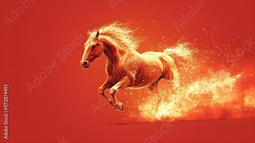 A powerful stallion with flowing mane gallops across a black background in this dynamic vector illustration perfect for Chinese New Year decorations Lunar Festive Zodiac in Gold Linework