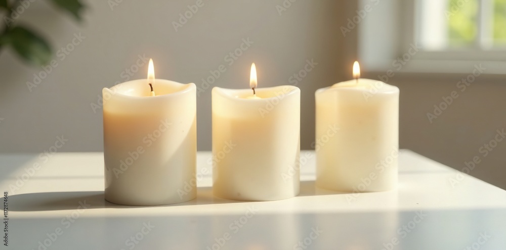 Three white wax candles on table isolated in soft light shadow, misty, serene Three white wax candles on table isolated in soft light shadow, misty, serene