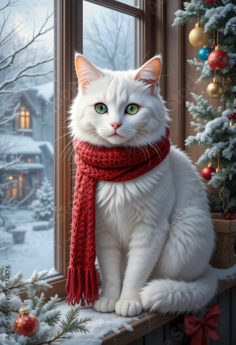 Fluffy white cat in a red scarf, cozy winter atmosphere, festive mood by the window, copy space
