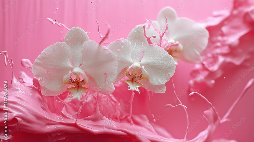 Vibrant Pink Paint Splash with Orchids in Explosive Color Burst