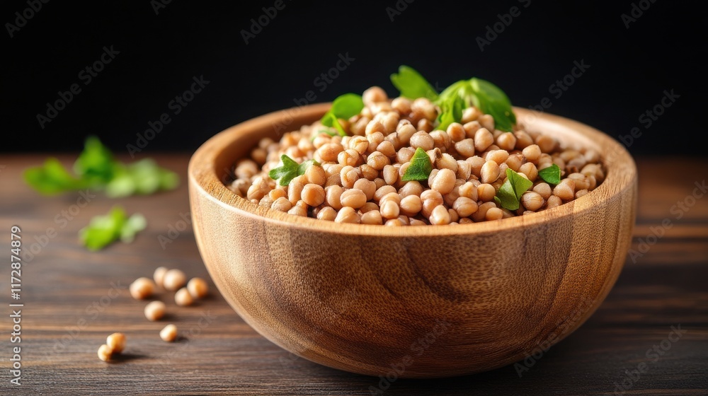 Fresh mustard seeds in a wooden bowl with garnishing herbs against a dark backdrop Fresh mustard seeds in a wooden bowl with garnishing herbs against a dark backdrop